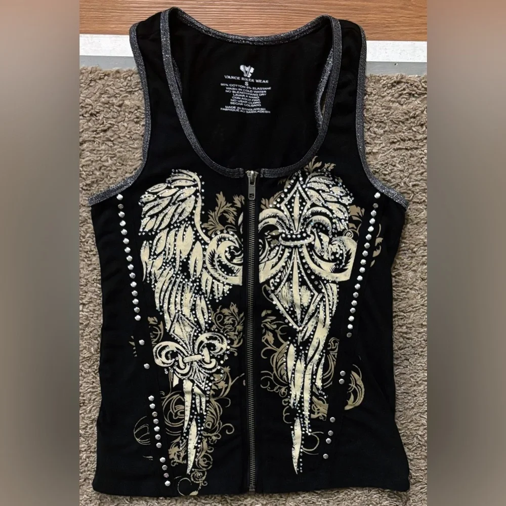Vintage Y2k Vance Biker Wear Tank Top Womans S Full Zip Double Sided Rhinestone - Picture 3 of 13